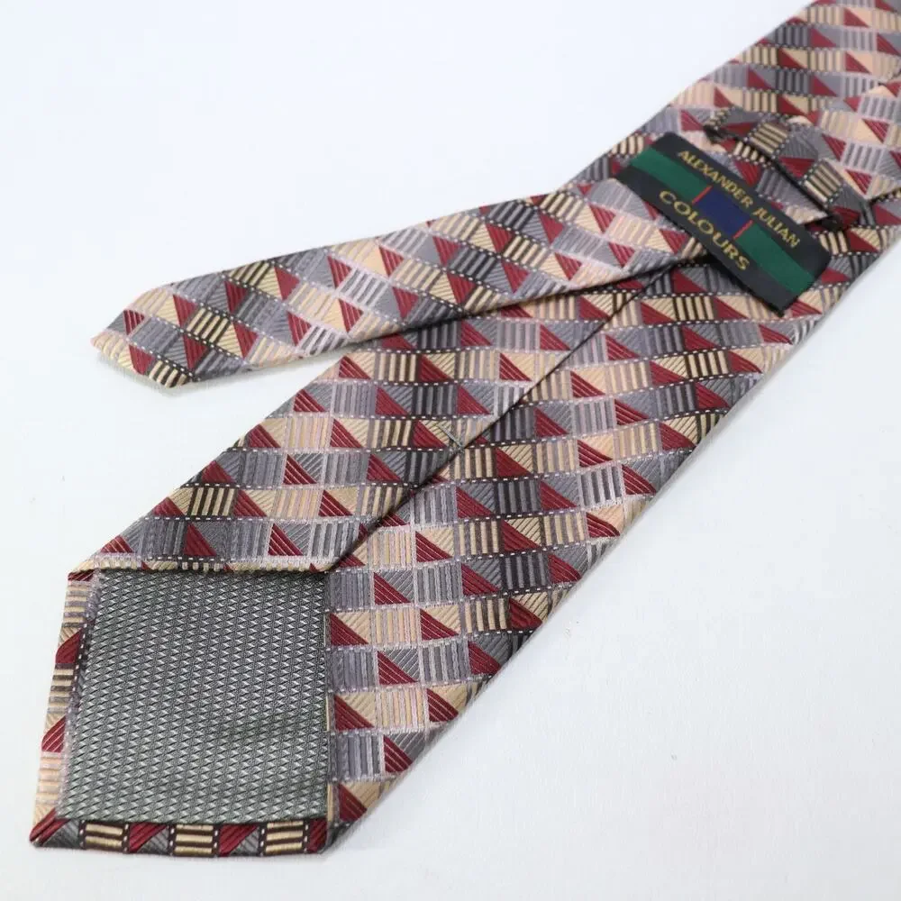 Alexander Julian Colours Tie Mens 58 in Gray Red Geometric Triangle Skids Wide